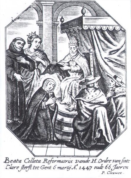 Coleta wordt in 1406 door paus Benedictus XIII ingekleed in de clarissenorde te Nice. Op de voorgrond twee kardinalen van de onderzoekscommissie; op de achtergrond Pater Henri de Baume ofm, haar geestelijk leidsman, en barones de Brissay, haar beschermvrouwe; deze twee zouden haar later begeleiden terug naar Corbie. Bewaarplaats?