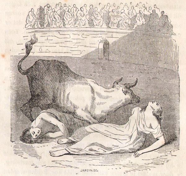 Perpetua en Felicitas worden gedood door een wilde koe. Henry FORMBY 'Het Klein Romeinsch Martelarenboek'.