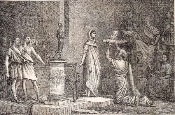 Perpetua's vader toont zijn dochter haar baby en smeekt haar van haar geloof in Christus af te zien. Henry FORMBY 'Het Klein Romeinsch Martelarenboek'.