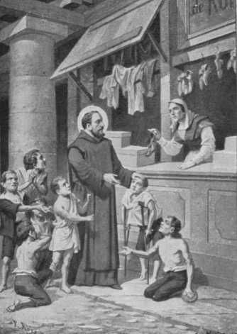 Boekillustratie in: Luciano del Pozo 'Het leven van de Heilige Johannes de Deo', Voorhout, 1935. Het was een lust om te zien, hoe de heilige eigenhandig de kinderen van kleertjes voorzag.