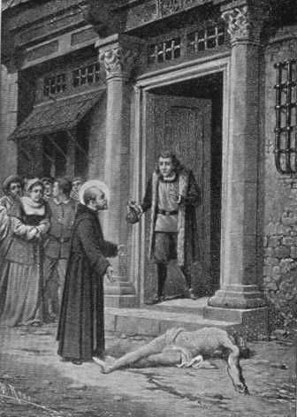 Boekillustratie in: Luciano del Pozo 'Het leven van de Heilige Johannes de Deo', Voorhout, 1935. Toen de rijke man zag, dat Johannes gereed stond om met achterlating vanhet lijk weg te gaan, stelde hij de eilige meer geld ter hand, dan deze gevraagd had.
