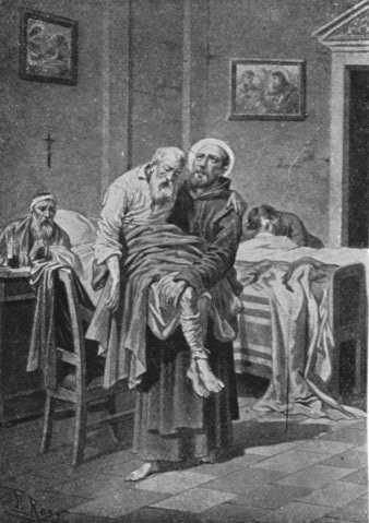 Boekillustratie in: Luciano del Pozo 'Het leven van de Heilige Johannes de Deo', Voorhout, 1935. Johannes vulde zijn hospitaal met ongelukkigen, die hij zijn broeders, zijn kinderen, noemde.