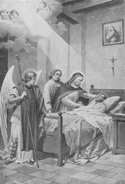 Boekillustratie in: Luciano del Pozo 'Het leven van de Heilige Johannes de Deo', Voorhout, 1935. De H. Maagd beloofde hem dat de Aartsengel Rafaël en de H. evangelist Johannes Haar beschermers zouden zijn van het door hem begonnen werk.