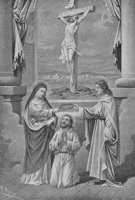 Boekillustratie in: Luciano del Pozo 'Het leven van de Heilige Johannes de Deo', Voorhout, 1935. De H. Maagd en de evangelist Johannes drukken hem de doornenkroon van Jezus op het hoofd.