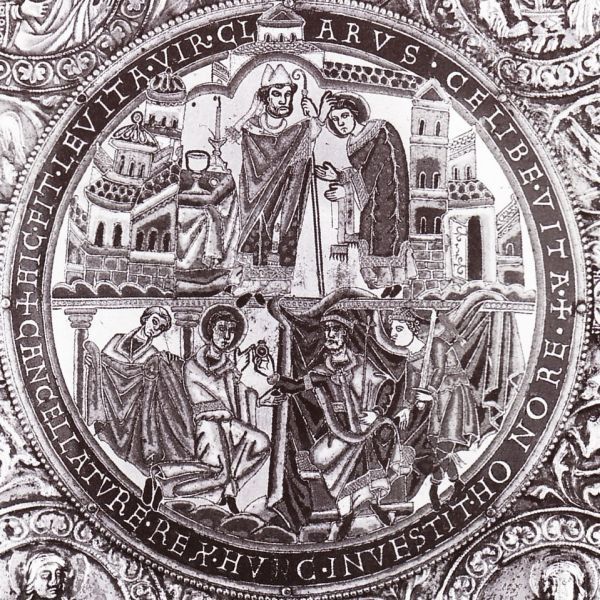 Boven: Heribert tot priester gewijd door bisschop Hadewald van Worms. Beneden: Te Rome door de paus benoemd tot aartsbisschop van Keulen. door middel van het pallium dat achter hem wordt klaargehouden.