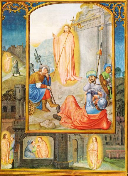 Rond Jezus' opstanding uit de dood is de legende afgebeeld over de bevrijding van Jozef van Arimatea. Ongetwijfeld heeft de kunstenaar zich laten inspireren door de Legenda Aurea. Rechts onder: de verrezen Heer loopt toe op de plek waar Jozef van Arimatea gevangen wordt gehouden. Midden onder: De Heer troost Jozef... Links onder: ... en voert hem door de verzegelde deur naar buiten tot bij het lege graf; Links boven: Jozef is vrij; de Heer neemt afscheid.