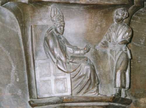 Sint Geertrui raadpleegt bisschop Amandus.