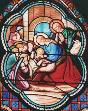 Geschiedenis van Sint Jozef in koorramen Sint-Jozefkapel. Geboorte van Jezus in een kribbe.