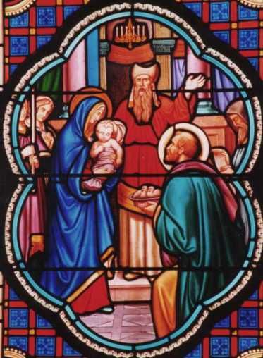 Geschiedenis van Sint Jozef in koorramen Sint-Jozefkapel. Opdracht van Jezus in tempel: Jozef met twee duiven.