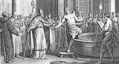 De Friese koning Redbad trekt zich op het laatste moment terug voor de doop die Wulfram hem juist zou toedienen.