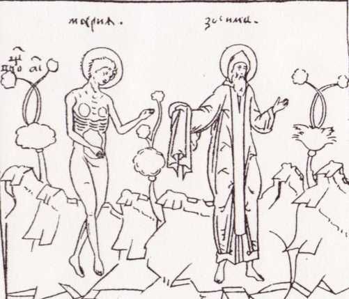 Zosimus reikt Maria een kleed aan.