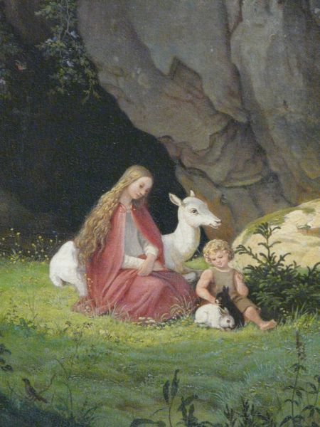Genovefa met haar baby verbannen in de eenzaamheid van het woud.
