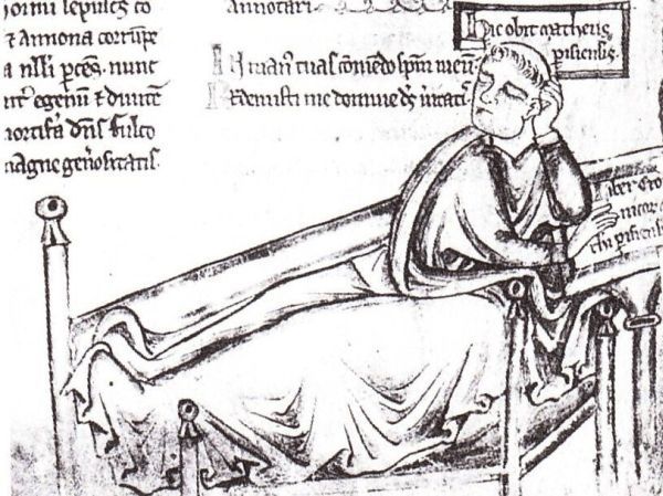 Matthew (de schrijver van 'Chronica Majora' met het verhaal over Ebba) op zijn sterfbed. British Library, London, Engeland.