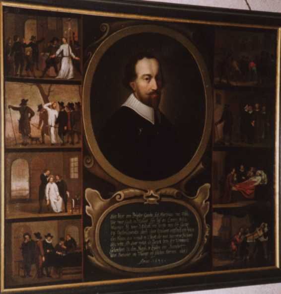 Schilderij. Pastorie kerk Reeuwijk. In het midden een medaljon met een portretbuste van Van der Velden. Daaronder een cartouche met het volgende gedicht: 'Siet hier een Priester Goodts, Siet Martinus van de Velde, Die voor Godt en 't Geloof sijn lijf en leven stelde, Wanneer hij voor 't Altaer, een uertje van der Gouw Op Vastenavondts dach door 't Swaert ontfinck een houw. Een Houw, een wondt in 't Hooft, die met roo-verw Bebloede Sijn witte Alb, door welck de Ganck hem seer Vermoede, Gekerckert in de Haegh, te Leijden een Bandiet. Wat Batavier en Vlampt op sulcken Sterven niet?'