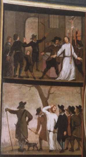 Schilderij. Pastorie kerk Reeuwijk. Detail links boven. Boven: Verwonding bij de aanslag. Daaronder: Wegvoering naar Gouda.