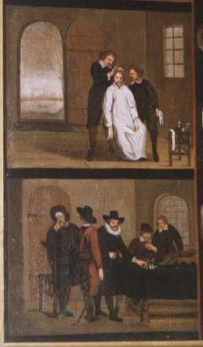 Schilderij. Pastorie kerk Reeuwijk. Detail links onder. Boven: Verzorging door twee artsen. Daaronder: Betaling van het losgeld door zijn familie.