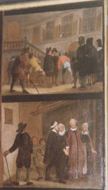 Schilderij. Pastorie kerk Reeuwijk. Detail rechts boven. Boven: Verbanning uit Leiden. Daaronder: Terugkomst in het ouderlijk huis.