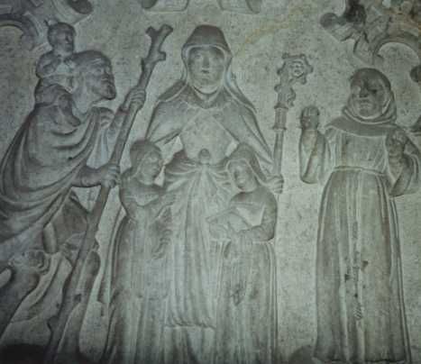Links: Christoffel. Midden: Waltrudis met dochters Aldetrudis en Madelberta. Rechts: Opdtachtgever.