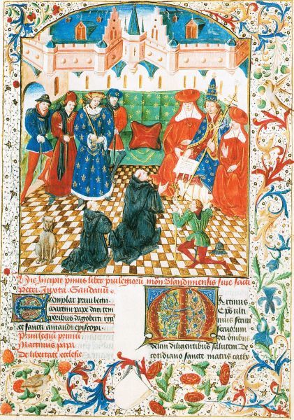 In tegenwoordigheid van koning Dagobert doet Paus Martinus I schenking aan benedictijner monniken van de St-Pietersabdij, Gent.