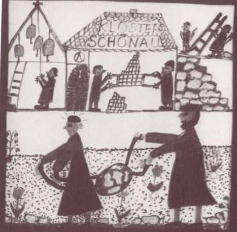 Huitsland. [in: Lotte E. sturm:'Der Fetzer. Geschichten von Heiligen, Helden und Halunken vom Niederrhein'. Sagenhafte Vergangenheit Bd 2; Aachen, Alano, 1985 ISBN 3-924007-11-X]. Hildegonda (alias Jozef) in klooster Schönau temidden van de broeders aan de dagelijkse arbeid.