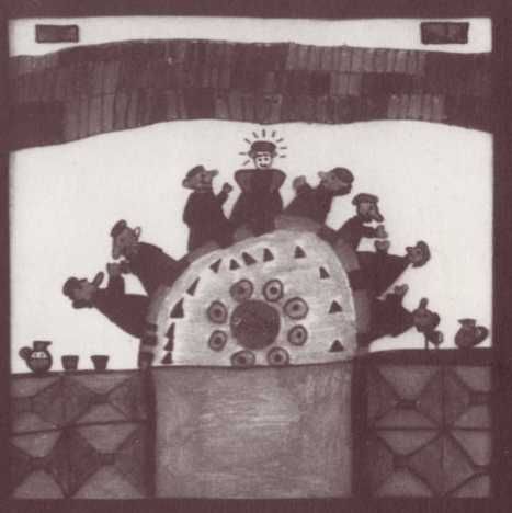 Huitsland. [in: Lotte E. sturm:'Der Fetzer. Geschichten von Heiligen, Helden und Halunken vom Niederrhein'. Sagenhafte Vergangenheit Bd 2; Aachen, Alano, 1985 ISBN 3-924007-11-X]. Hildegonda (alias Jozef) in klooster Schönau aan de maaltijd temidden van de broeders.