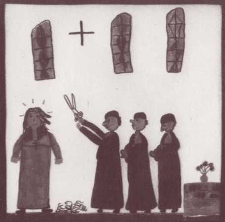 Huitsland. [in: Lotte E. sturm:'Der Fetzer. Geschichten von Heiligen, Helden und Halunken vom Niederrhein'. Sagenhafte Vergangenheit Bd 2; Aachen, Alano, 1985 ISBN 3-924007-11-X]. Hildegonda (alias Jozef) ontvangt bij de intrede in het klooster de tonsuur.