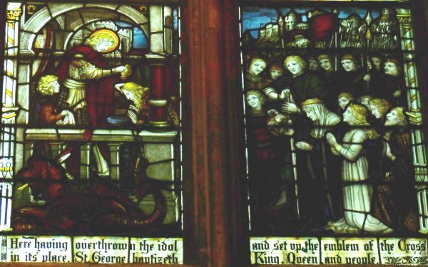 Waarop koning, koningin, prinses en alle inwoners zich door Sint Joris laten dopen. Ca 1900, glasschilderkunst.
