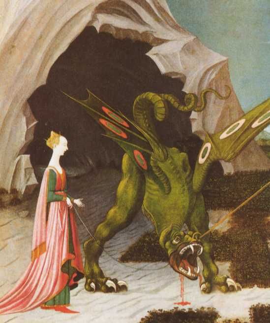 De prinses leidt de draak aan haar ceintuur. De draak lijkt ongewijzigd door Walt Disney overgenomen te zijn.... .