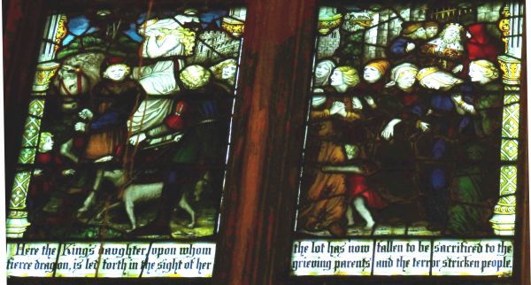 Het lot is op de koningsdochter gevallen: zij zal geofferd worden aan de draak. Ca 1900, glasschilderkunst.