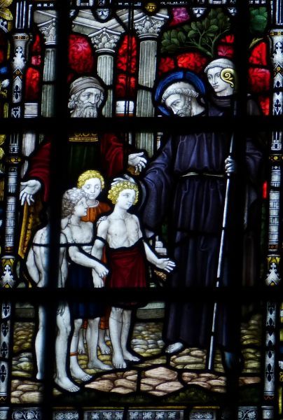 Sint Autharius laat zijn zoons Adon en Dadon, de latere Ouen van Rouen, zegenen door de passerende Sint Columbanus.