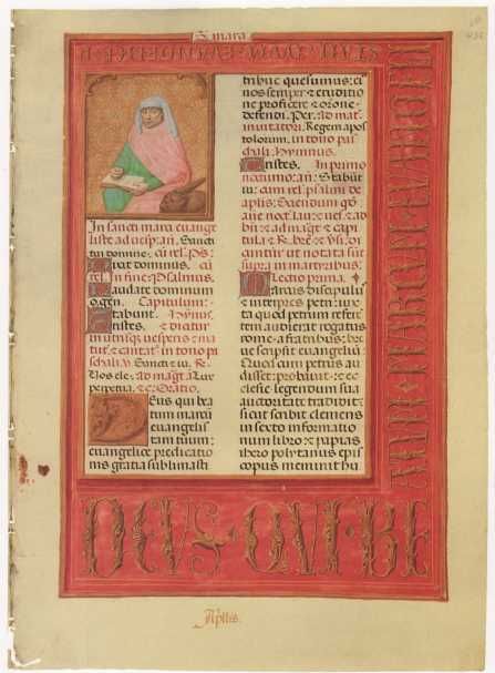 Illustratie met onderschrift: Marcus, een van de vier evangelisten, is makkelijk herkenbaar aan het boek waarin hij zijn geïnspireerde teksten schrijft en aan zijn attribuut de leeuw. Bovendien onthult de randversiering zijn dentiteit: Deus qui beatum marcum evangelistam tuum, evangelice p[redicatio].