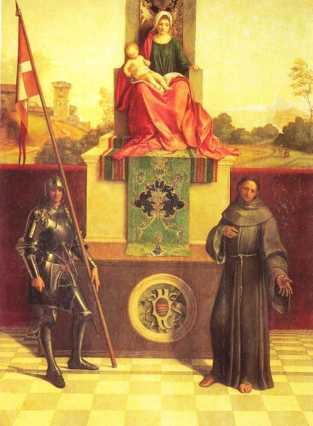 Liberalis (links: als soldaat) samen met Franciscus bij een beeld van de Madonna.