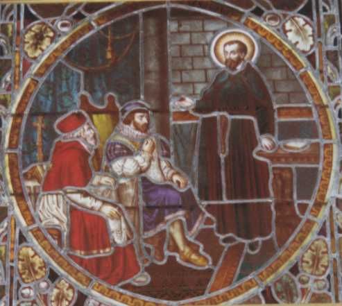 Glasschilderkunst. Canisius voor keizer Ferdinand I en kardinaal Truchsess von Waldburg.