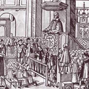Canisius geeft katechismusles in de kerk.
