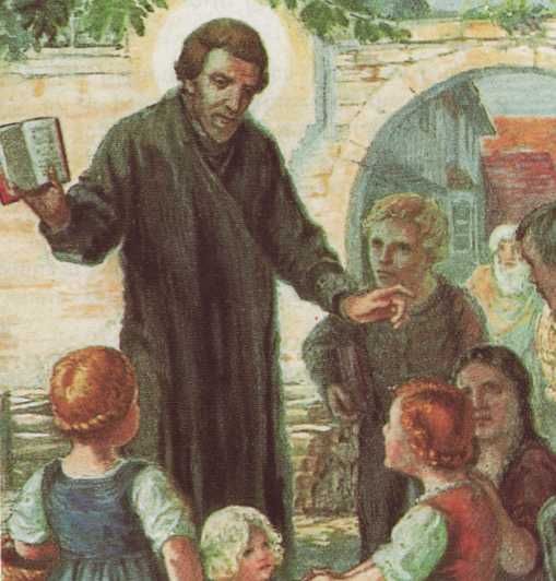 Duitsland(?), in Läpple: 'Mit den Heiligen...'. Petrus Canisius geeft kinderen katechismusles.