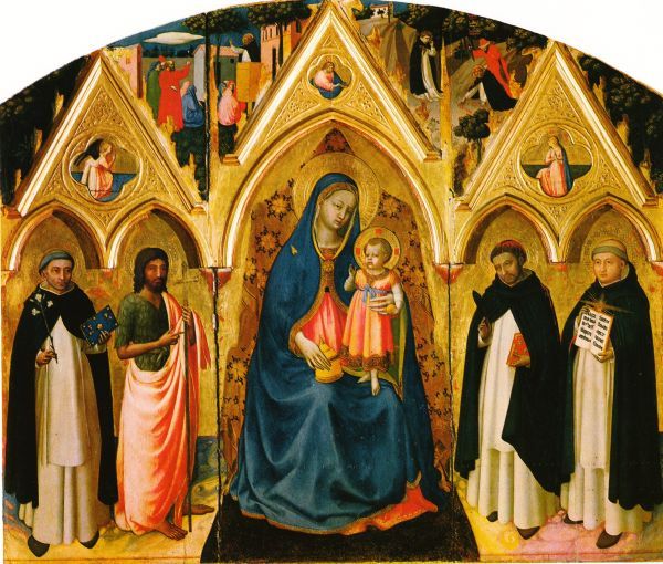 Petrus Martyr is de tweede dominicaan van rechts, met boek en veer, en bebloed hoofd (de anderen v.l.n.r. Dominicus, Johannes de Doper, Madonna, Thomas van Aquino). Links boven Petrus' prediking bij de ketters; rechts boven het martelaarschap van Petrus Martyr
