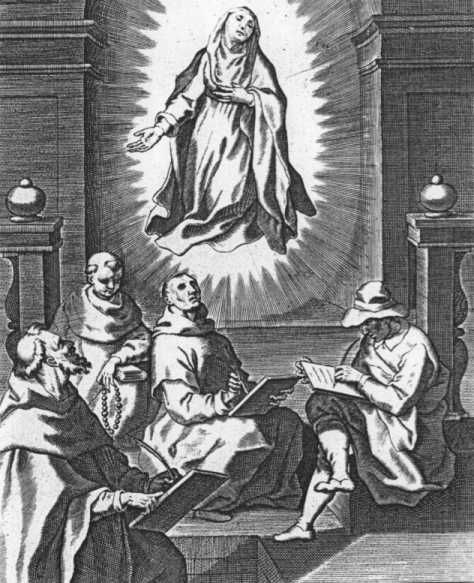 De goddelijke geheimen, die Catharina in gebed mag aanschouwen, dicteert zij aan gewijde schrijvers.