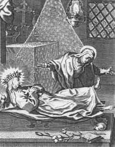Op Catharina's gebed heft het lijk van Sint Agnes van Monte Pulciano (feest: 20 april) de voet op.
