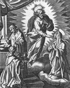 Terwijl biechtvader Raimundus de helft van de altaarhostie mist, reikt Christus deze zelf uit aan Catharina.