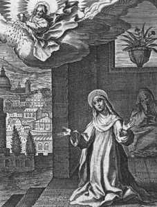 Christus sprenkelt bloed uit het hart van Catharina uit over Rome, dat tegen de paus heeft gekozen.