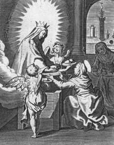 Catharina ontvangt brood uit de hemel dat zij kan doorgeven aan de armen .