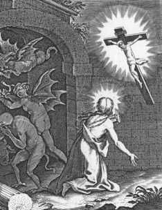 Als haar de duivel bekoort, dient zij zichzelf geselslagen toe, waarop haar Christus verschijnt.
