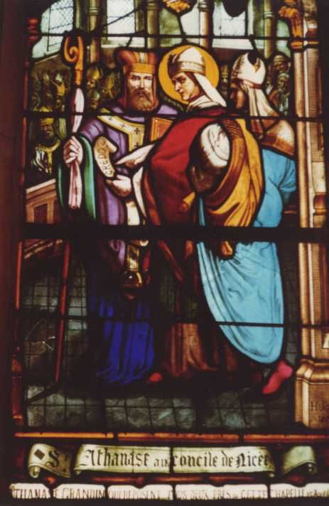 Glasvenster. Athanasius op het Concilie van Nicea.