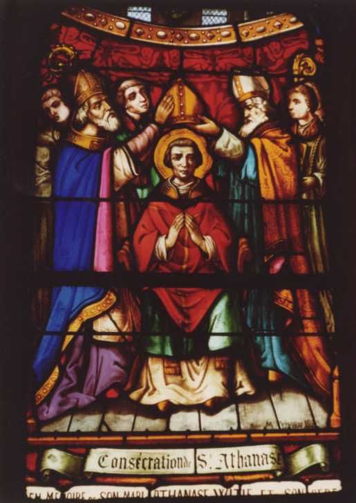 Glasvenster. Athanasius bisschop gewijd.