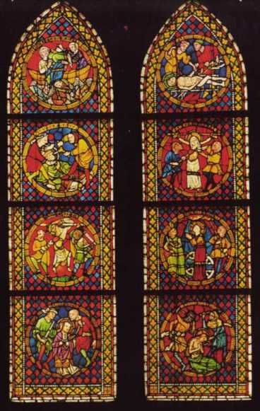Glasschilderkunst. Links van boven naar onder: Rechts van boven naar onder: Laurentius, Mar...ca, onbekend, Dorothea.