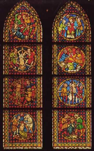Glasschilderkunst. Links van boven naar onder: Rechts van boven naar onder: Alexander, Ignatius, Cyriacus, Urbanus.