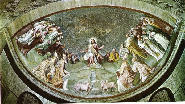 Christus verheerlijkt in het centrum. Op de voorgrond (met tiara = driekroon) paus Alexander; tegenover hem bisschop Eventius en diens diaken Theodulus. De bisschop achter paus Alexander is wellicht de bisschop die de opdracht gaf voor het kunstwerk.