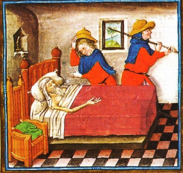 Illustratie bij de Legende van het Heilig Kruis: 'Toen Adam ziek werd, ging zijn zoon Seth naar de poort van het aards paradijs en vroeg om olie van de Boom van het Medelijden. Want daarmee wilde hij het lichaam van zijn vader insmeren; in de hoop dat hij weer beter zou worden...' Seth neemt afscheid van zijn stervende vader door even zijn muts op te lichten. Daarna zien wij hem vertrekken, de reisstaf over zijn schouder. Door het raam van de ziekenkamer hebben wijuitzicht op de boom.