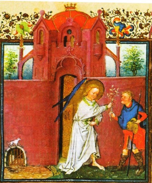 Illustratie bij de Legende van het Heilig Kruis: 'Ook kunnen we lezen dat de engel aan Seth een twijgje gaf ...' Linksonder zien we dat het paradijs niet allen gesloten was voor mensen, maar ook voor dieren (aardigheidje van de kunstenaar).
