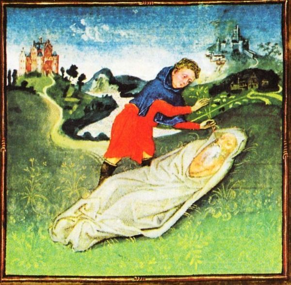 Illustratie bij de Legende van het Heilig Kruis: 'Maar bij Seth's thuiskomst bleek zijn vader al te zijn overleden. Toen plantte hij het takje op zijn graf ...' Er is blijkbaar ook een traditie die zegt dat Seth het takje in de mond van de overleden Adam plantte.